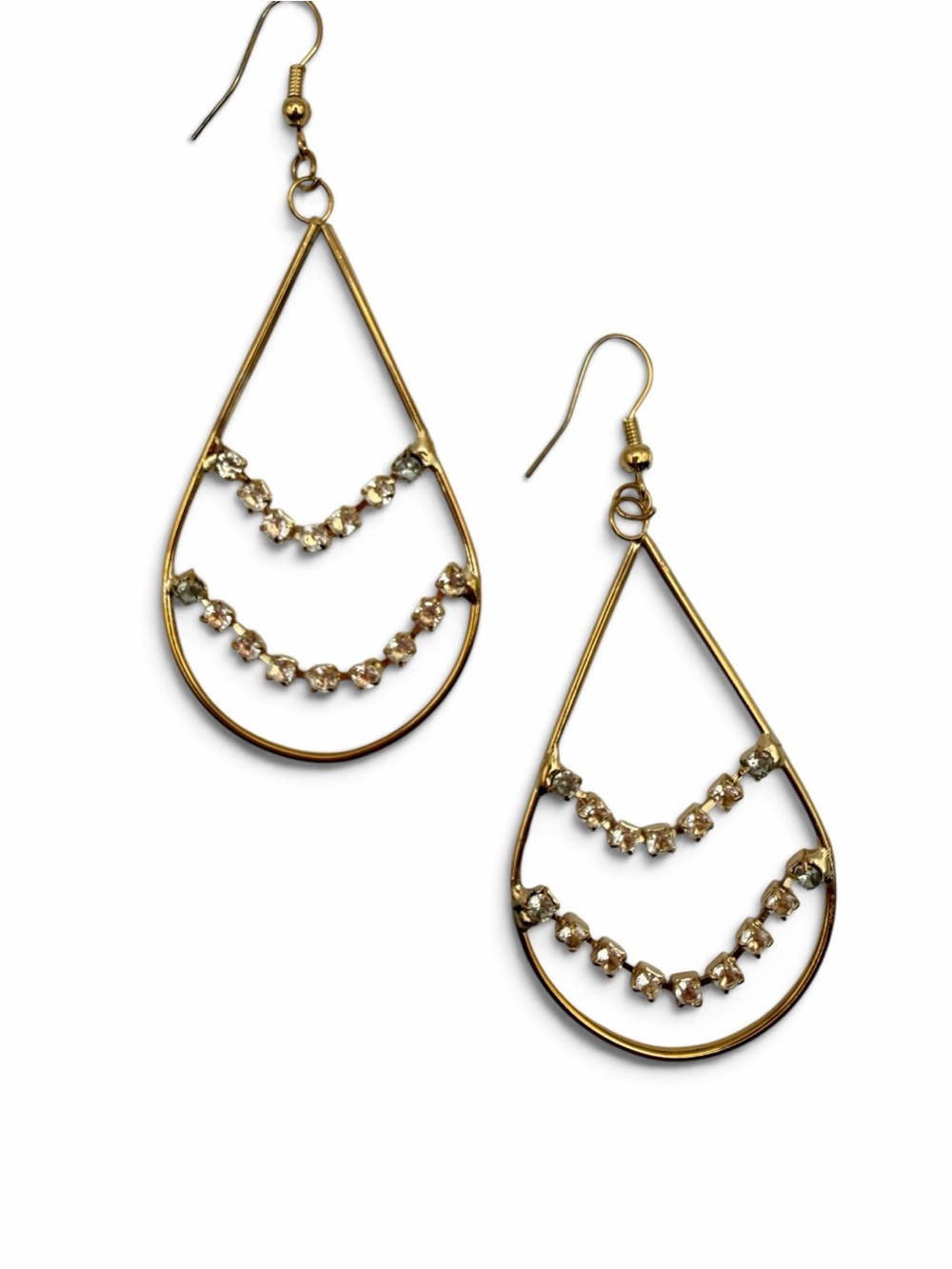 Vintage Precious Gold Tone Rhinestone Teardrop Dangle Earrings Y2K NOS